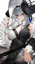 Rule 34 | 1girl, absurdres, arknights, black dress, black headwear, black pantyhose, breasts, chain, chinese commentary, cleavage, commentary request, covered navel, detached sleeves, dress, grey hair, hand up, highres, holding, large breasts, long hair, long sleeves, looking at viewer, pantyhose, red eyes, sleeveless, sleeveless dress, solo, specter (arknights), specter the unchained (arknights), very long hair, white background, yushe quetzalli