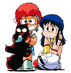 Rule 34 | 1980s (style), 2girls, animal, arm support, armlet, blue eyes, blue hair, boots, bracelet, breasts, chibi, cleavage, dirty pair, earrings, gloves, grin, headband, holding, holding animal, holster, jewelry, kei (dirty pair), leaning forward, long hair, mughi, multiple girls, nanmo, oldschool, red eyes, red hair, retro artstyle, robot, short hair, simple background, single glove, smile, standing, white background, yuri (dirty pair)