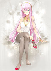 Rule 34 | 1girl, bad id, bad pixiv id, bracelet, breasts, cleavage, feet, high heels, jewelry, long hair, megurine luka, necklace, pantyhose, pink hair, shoes, single shoe, solo, tanaka (colorcorn), thighhighs, very long hair, vocaloid