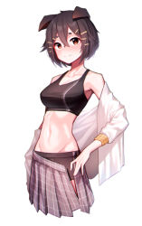 Rule 34 | 1girl, absurdres, animal ears, arknights, beudelb, black shorts, black skirt, black sports bra, blush, brown eyes, cowboy shot, cropped legs, dog ears, floppy ears, groin, hair between eyes, highres, jacket, jackie (arknights), looking at viewer, navel, off shoulder, open clothes, open jacket, plaid, plaid skirt, shorts, simple background, skirt, smile, solo, split mouth, sports bra, thick eyebrows, undressing, white background, white jacket