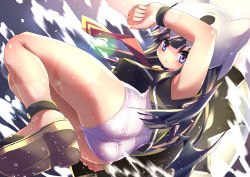 Rule 34 | 1girl, arm up, armpits, ass, black hair, black shirt, clenched hands, demon wings, emil chronicle online, hat, highres, knees up, legs, long hair, nidoegg alma, one-piece swimsuit, pink eyes, shirt, shoes, sleeveless, sleeveless shirt, solo, swimsuit, swimsuit under clothes, thighs, white hat, white one-piece swimsuit, wings, wristband, yupi828