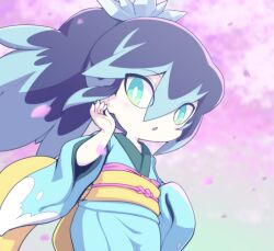 Rule 34 | 1girl, aqua eyes, blue hair, chestnut mouth, eyes visible through hair, fubukihime, high ponytail, japanese clothes, kimono, long hair, looking at viewer, multicolored hair, nollety, open mouth, purple hair, solo, traditional youkai, two-tone hair, youkai (youkai watch), youkai watch, yuki onna
