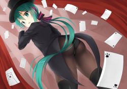 Rule 34 | 1girl, alternate costume, aqua eyes, aqua hair, ass, cameltoe, card, from behind, from below, gloves, hair ponytail, hat, hatsune miku, highres, long hair, looking back, looking down, low ponytail, magician, open mouth, pantyhose, ponytail, ribbon, sirokuma, solo, tailcoat, thighhighs, very long hair, vocaloid