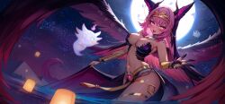 Rule 34 | 1girl, animal ears, armpits, backlighting, bangle, bare shoulders, bracelet, breasts, brooch, circlet, cleavage, clickdraws, collar, dragon ears, dragon girl, dragon horns, dragon tail, dragon wings, fangs, forked tongue, full moon, gradient skin, highres, horns, indie virtual youtuber, jewelry, lantern, large breasts, lifted by self, long hair, looking at viewer, midriff, moon, multiple horns, navel, open mouth, paper lantern, pelvic curtain, slit pupils, smile, solo, stomach, tail, thighlet, thighs, tongue, trickywi, v-shaped eyebrows, virtual youtuber, waist cape, wide shot, wings
