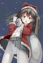 Rule 34 | 10s, 1girl, blush, brown hair, christmas, from below, highres, kantai collection, long hair, looking at viewer, pantyhose, ruma imaginary, ryuujou (kancolle), skirt, solo, twintails, white pantyhose