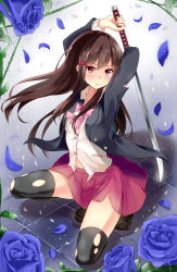 Rule 34 | 1girl, black legwear, brown hair, crying, crying with eyes open, flower, hair ribbon, highres, holding, katana, long hair, looking at viewer, original, petals, pleated skirt, red eyes, ribbon, rose, school uniform, skirt, solo, squatting, streaming tears, sword, tears, torn clothes, warirui, weapon, wind