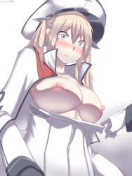 Rule 34 | 10s, 1girl, assisted exposure, blonde hair, blue eyes, blush, breasts, capelet, dated, embarrassed, gloves, graf zeppelin (kancolle), hair between eyes, hat, jacket, kantai collection, large breasts, long hair, long sleeves, nipples, pale skin, peaked cap, sidelocks, silver bell (artist), simple background, solo focus, surprised, tsurime, twintails, uniform, white gloves