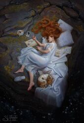 Rule 34 | 1984 (novel), 1girl, absurdres, animal, artist name, barefoot, book, coffee cup, cookie, cup, disposable cup, dog, dress, english text, food, highres, long hair, newspaper, orange hair, original, phone, pillow, rock, saucer, shade of stars, sleeping, slippers, unworn slippers, spoon, watermark, white dress