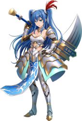Rule 34 | 1girl, aqua eyes, armor, bare shoulders, blue hair, breasts, cleavage, detached sleeves, elbow gloves, full body, gloves, hair ornament, long hair, official art, oshiro project:re, oshiro project:re, over shoulder, shamakho, solo, standing, transparent background, twintails, very long hair, weapon, weapon over shoulder, yodo (oshiro project)