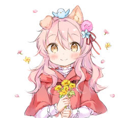 Rule 34 | 1girl, animal ear fluff, animal ears, blue flower, blush, brown eyes, capelet, closed mouth, commentary request, flower, hair between eyes, hair flower, hair ornament, hair ribbon, holding, holding flower, hood, hood down, hooded capelet, long hair, long sleeves, looking at viewer, original, petals, pink flower, pink hair, red capelet, red ribbon, ribbon, shirt, simple background, sleeves past wrists, smile, solo, unaligned ears, upper body, wataame27, white background, white shirt, wolf-chan (wataame27), wolf ears, yellow flower