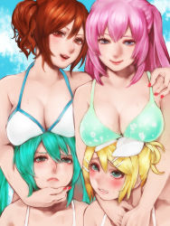 Rule 34 | 00s, 4girls, aqua eyes, aqua hair, arms around neck, bikini, blonde hair, blue eyes, blush, breast envy, breast rest, breasts, breasts on head, brown eyes, brown hair, cleavage, closed mouth, frown, hair ornament, hairclip, hand on shoulder, hatsune miku, kagamine rin, large breasts, lips, long hair, looking up, megurine luka, meiko (vocaloid), meriko, multiple girls, nail polish, pink hair, project diva (series), project diva f, short hair, side ponytail, smile, summer idol (vocaloid), sweat, swimsuit, twintails, vocaloid