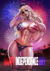 Rule 34 | 1girl, abs, absurdres, american flag bikini, american flag print, bikini, blonde hair, blue eyes, breasts, cleavage, english text, fireworks, flag print, fourth of july, hand on own hip, highres, iowa (kancolle), kantai collection, large breasts, long hair, monori rogue, muscular, muscular female, navel, palm tree, photo background, print bikini, salute, skindentation, solo, standing, swimsuit, tree, underboob