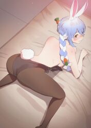 Rule 34 | 1girl, absurdres, all fours, animal ears, ass, back, bed, black leotard, blue hair, blush, braid, breasts, brown eyes, brown pantyhose, carrot hair ornament, closed mouth, extra ears, feet out of frame, food-themed hair ornament, from above, furrowed brow, hair ornament, highres, hololive, leotard, long hair, looking back, multicolored hair, nervous, nipples, nose blush, on bed, paid reward available, pantyhose, playboy bunny, presenting, rabbit ears, rabbit girl, rabbit tail, small breasts, solo, strapless, strapless leotard, tail, takami masahiro, topless, two-tone hair, usada pekora, usada pekora (1st costume), virtual youtuber, wardrobe malfunction, white hair