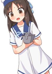 Rule 34 | 1girl, adapted turret, alternate costume, blue sailor collar, brown eyes, brown hair, cannon, comiching, commentary request, cosplay, dress, dutch angle, hat, hiburi (kancolle), hiburi (kancolle) (cosplay), highres, idolmaster, idolmaster cinderella girls, kantai collection, long hair, sailor collar, sailor dress, sailor hat, short sleeves, simple background, solo, tachibana arisu, turret, water, white background, white dress, white hat
