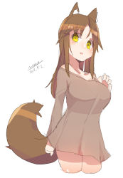 Rule 34 | 1girl, :d, animal ears, bare shoulders, blush, breasts, brown dress, brown hair, collarbone, cropped legs, dated, dress, fox ears, fox girl, fox tail, green eyes, hand up, large breasts, long hair, maze (gochama ze gohan), off-shoulder dress, off shoulder, open mouth, original, short dress, signature, simple background, sketch, smile, solo, standing, tail, white background