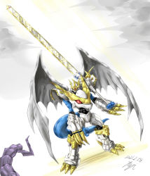 Rule 34 | armagemon, armor, claws, digimon, highres, imperialdramon, imperialdramon paladin mode, sword, tail, weapon, wings