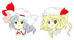 Rule 34 | 2girls, :d, ascot, blonde hair, blue hair, blush, bright pupils, closed mouth, flandre scarlet, hat, hat ribbon, light blue hair, medium hair, mob cap, multiple girls, nonamejd, official style, open mouth, portrait, red eyes, red ribbon, remilia scarlet, ribbon, siblings, side ponytail, simple background, sisters, smile, touhou, white background, white headwear, white pupils, yellow ascot, zun (style)