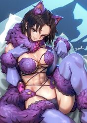 Rule 34 | abs, alternate breast size, animal ears, black hair, bow, breasts, brown eyes, cat ears, cat girl, cosplay, elbow gloves, fate/grand order, fate (series), fur trim, gloves, hands up, highres, kara no kyoukai, kionaoki, knee up, large breasts, looking at viewer, mash kyrielight, mash kyrielight (cosplay), mash kyrielight (dangerous beast), mash kyrielight (dangerous beast) (cosplay), navel, o-ring, official alternate costume, parted lips, pink bow, purple gloves, purple thighhighs, ryougi shiki, shadow, short hair, signature, solo, thighhighs
