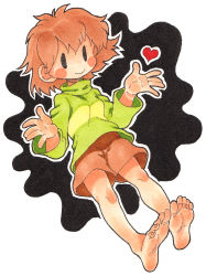 Rule 34 | 1girl, androgynous, bare legs, barefoot, blush, blush stickers, breasts, brown hair, chara (undertale), feet, full body, heart, long sleeves, messy hair, oyatsu (mk2), shirt, short hair, shorts, small breasts, smile, soles, solid oval eyes, solo, striped, toes, turtleneck, undertale, white background