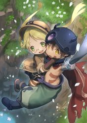 Rule 34 | 1boy, 1girl, absurdres, android, boots, brown eyes, cape, child, dark-skinned male, dark skin, facial mark, gloves, grass, green eyes, helmet, highres, jacket, made in abyss, maromayu, mechanical arms, open mouth, outdoors, petals, regu (made in abyss), riko (made in abyss), short shorts, shorts, topless male, torn clothes, twintails