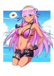 Rule 34 | 1girl, ;), absurdres, bare shoulders, bb (fate), bb (fate) (all), bb (swimsuit mooncancer) (fate), bb (swimsuit mooncancer) (second ascension) (fate), bikini, black gloves, black shorts, blue sky, blush, breasts, cleavage, closed mouth, cloud, cloudy sky, commentary request, covered erect nipples, cropped legs, day, fate/grand order, fate (series), fingerless gloves, gloves, groin, hair between eyes, hair ornament, hair ribbon, hand on own hip, heart, highres, horizon, large breasts, long hair, looking at viewer, meng ge 3 (565571710), micro shorts, navel, ocean, one eye closed, open clothes, open fly, open shorts, purple bikini, purple eyes, purple hair, purple ribbon, ribbon, short shorts, shorts, sky, smile, solo, spoken heart, star (symbol), star hair ornament, swimsuit, tan, very long hair, water