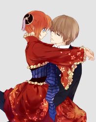 Rule 34 | 1boy, 1girl, arms around neck, bad id, bad pixiv id, blazer, blue eyes, blue jacket, brown hair, closed mouth, collared shirt, couple, dress shirt, eyebrows, eyelashes, flat chest, floral print, formal, frills, from side, gintama, grey background, hairpods, hetero, imminent kiss, jacket, japanese clothes, kagura (gintama), kimono, loli bushi, long sleeves, looking at another, obi, okita sougo, open clothes, open jacket, orange hair, outstretched arms, own hands together, parted lips, pocket, profile, sash, shirt, simple background, sitting, sitting on lap, sitting on person, striped, vest, white shirt