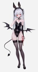 Rule 34 | 1girl, absurdres, animal ears, black footwear, black leotard, black mask, black thighhighs, blush, breasts, covered navel, demon tail, demon wings, detached collar, elbow gloves, fake animal ears, fangs, full body, fymrie, gloves, grey background, grey hair, high heels, highleg, highleg leotard, highres, lace, lace-trimmed thighhighs, leotard, long hair, looking at viewer, mask, mask pull, mouth mask, open mouth, original, playboy bunny, pointy ears, rabbit ears, red eyes, simple background, single glove, sleeveless leotard, small breasts, solo, standing, sweat, tail, thighhighs, twintails, wings