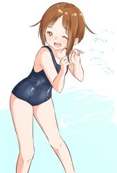 Rule 34 | 1girl, ;d, bare arms, bare shoulders, blue one-piece swimsuit, blush, brown eyes, brown hair, collarbone, commentary request, hands up, highres, one-piece swimsuit, one eye closed, open mouth, original, school swimsuit, short hair, smile, solo, standing, swimsuit, teeth, upper teeth only, water, white background, yuki arare