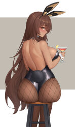 Rule 34 | 1girl, absurdres, animal ears, ass, back, backless leotard, bare arms, bare shoulders, black leotard, blush, breasts, brown hair, closed mouth, dark-skinned female, dark skin, detached collar, drink, fake animal ears, fake tail, feet out of frame, fishnet pantyhose, fishnets, from behind, goddess of victory: nikke, highres, holding, holding drink, large breasts, leotard, long hair, looking at viewer, looking back, noir (nikke), pantyhose, playboy bunny, rabbit ears, rabbit tail, sideboob, simple background, sitting, smile, solo, tail, wei xiao, yellow eyes