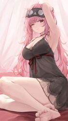 Rule 34 | 1girl, absurdres, arm up, armpits, barefoot, black choker, black nightgown, blush, breasts, choker, cleavage, commentary, empire waist, english commentary, feet, full body, highres, hololive, hololive english, kanoe (tatsukanoe), large breasts, long hair, looking at viewer, mask, mask on head, messy hair, mori calliope, mori calliope (sleepwear), nightgown, official alternate costume, one eye closed, pink eyes, pink hair, sleep mask, sleepwear, soles, toes, underbust, virtual youtuber, waking up
