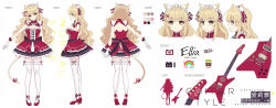 Rule 34 | 1girl, animal ear fluff, animal ears, back bow, backboob, blonde hair, bow, breasts, cat ears, cat tail, character name, character profile, character sheet, cleavage, color guide, detached collar, dress, electric guitar, fingerless gloves, flower, frilled dress, frilled hairband, frills, gloves, guitar, hairband, head tilt, high heels, highres, instrument, lolita fashion, lolita hairband, long hair, mango cat, medium breasts, mole, mole under eye, multiple views, original, rainbow, red dress, red flower, red footwear, rose, sleeveless, sleeveless dress, smile, strapless, strapless dress, striped, striped bow, tail, tail bow, tail ornament, thighhighs, turnaround, typo, wavy hair, white gloves, white thighhighs, wristband, yellow eyes