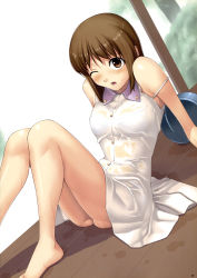 Rule 34 | 1girl, absurdres, arm support, bare shoulders, barefoot, bra, bra visible through clothes, brown eyes, brown hair, bucket, dress, hagiwara yukiho, highres, idolmaster, idolmaster (classic), lingerie, on floor, one eye closed, see-through, short dress, short hair, skirt, tanaka shoutarou, underwear, wet, wet clothes, white skirt, wince, wink