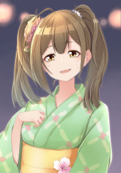Rule 34 | 1girl, :d, ahoge, amai nekuta, brown hair, commentary request, flower, green kimono, hair ornament, idolmaster, idolmaster shiny colors, japanese clothes, kimono, kuwayama chiyuki, long hair, looking at viewer, obi, open mouth, sash, smile, solo, twintails, upper body