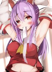 Rule 34 | 1girl, absurdres, animal ears, arm behind head, armpits, arms up, bahamun, bare shoulders, blush, breasts, rabbit ears, commentary request, cosplay, detached sleeves, hair between eyes, hakurei reimu, hakurei reimu (cosplay), highres, huge filesize, japanese clothes, long hair, looking at viewer, medium breasts, midriff, miko, mouth hold, navel, nontraditional miko, purple hair, rabbit girl, red eyes, red shirt, reisen udongein inaba, sarashi, shirt, sleeveless, sleeveless shirt, smile, solo, touhou