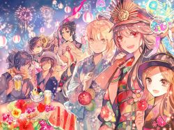 Rule 34 | 3boys, 5girls, :d, ahoge, beer mug, black hair, blonde hair, blue kimono, bow, brown eyes, brown hair, character request, cup, dark skin, fate/grand order, fate (series), fireworks, floating hair, floral print, flower, food, gun, hair bow, hair over one eye, hat, highres, holding, holding gun, holding weapon, ice cream, japanese clothes, kimono, lantern, long hair, looking at viewer, mug, multiple boys, multiple girls, musket, night, night sky, obi, oda nobunaga (fate), oda nobunaga (koha-ace), okada izou (fate), okita souji (fate), okita souji (koha-ace), okita souji alter (fate), one eye covered, open mouth, oryou (fate), over shoulder, paper lantern, parted bangs, peaked cap, red eyes, red flower, red scarf, rioka (southern blue sky), sakamoto ryouma (fate), sash, scarf, sitting, sky, smile, summer festival, table, tassel, weapon, weapon over shoulder, white hat, wind chime, wristband, yellow eyes, yellow flower, yellow scarf