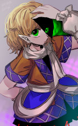 Rule 34 | 1girl, absurdres, arm behind back, arm warmers, aura, black dress, blonde hair, blush, brown jacket, commentary request, contrast, cowboy shot, dated, dress, dutch angle, eyes in shadow, eyes visible through hair, green eyes, hand on own head, highres, ichirugi, jacket, layered clothes, looking at viewer, mizuhashi parsee, pointy ears, sash, scarf, shaded face, shadow, short hair, short sleeves, solo, standing, touhou, twitter username, white sash, white scarf, wide sleeves