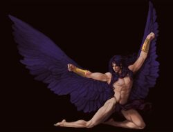 Rule 34 | 1boy, armlet, armpits, bare pectorals, bare shoulders, battle tendency, bracer, bulge, bussiarati, clothes lift, feathered wings, full body, gold, highres, jojo no kimyou na bouken, kars (jojo), long hair, looking to the side, male focus, muscular, muscular male, on one knee, pectorals, pelvic curtain, pelvic curtain lift, realistic, solo, spread wings, thick eyebrows, wind, wings