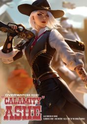 Rule 34 | 1girl, ashe (overwatch), blurry, blurry background, breasts, character name, cowboy hat, earrings, facing viewer, fingerless gloves, gloves, gun, hat, highres, holding, holding gun, holding weapon, jewelry, lipstick, looking back, looking to the side, makeup, medium breasts, mole, mole above mouth, nail polish, necktie, overwatch, overwatch 1, raikoart, red eyes, red lips, shirt, short hair, signature, solo, tattoo, watermark, weapon, white hair