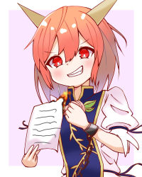 Rule 34 | 1girl, :d, absurdres, border, bright pupils, chain, chinese clothes, cuffs, flower, grin, hair between eyes, highres, holding, holding paper, horns, ibaraki douji&#039;s arm, ibaraki kasen, karuthi, leaf, looking at viewer, matches, open mouth, paper, pink background, pink flower, pink hair, pink rose, puffy short sleeves, puffy sleeves, red eyes, rose, shackles, shirt, short hair, short sleeves, simple background, smile, solo, tabard, touhou, upper body, v-shaped eyebrows, white border, white pupils, white shirt