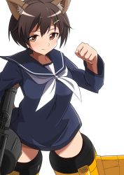 Rule 34 | 1girl, absurdres, animal ear fluff, animal ears, blush, brave witches, breasts, brown eyes, brown hair, clenched hand, closed mouth, collarbone, gun, hair ornament, hairclip, highres, karibuchi hikari, looking at viewer, military, military uniform, neckerchief, rifle, short hair, simple background, small breasts, smile, solo, squirrel ears, striker unit, tricky 46, uniform, weapon, white background, white neckerchief, world witches series
