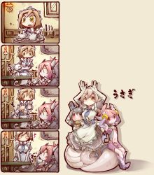Rule 34 | 3girls, 4koma, bad id, bad pixiv id, breasts, brown hair, candle, comic, cup, demon tail, detached sleeves, dress, frfr, heart, horns, lactating into container, lactation, lamia, maid, maid headdress, medium breasts, monster girl, multiple girls, nipples, original, pink hair, playing games, pointy ears, ponytail, red eyes, short hair, silent comic, small breasts, tail, tea, teacup, teapot, tray, yellow eyes