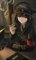 1girl absurdres arm_rest armband black_eyes black_gloves black_hat cigarette commentary_request cross earclip gloves hashimoto_kokai hat highres holding holding_cigarette indoors iron_cross lamp looking_at_viewer military_hat military_uniform nazi nazi_party_pin original parted_lips peaked_cap red_armband reichsadler single_glove smoke smoking solo swastika totenkopf