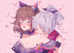Rule 34 | 2girls, bang dream!, biting shoulder, black gloves, blood, blush, breasts, brown hair, cleavage, closed eyes, commentary request, covered erect nipples, dress, fang, gloves, halloween costume, highres, long hair, meu203, multiple girls, nipple stimulation, nipple tweak, nipple tweak through clothes, open mouth, ponytail, red dress, short hair, skin fang, tearing up, tongue, tongue out, upper body, wakamiya eve, white hair, yamato maya, yuri