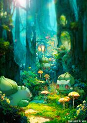 Rule 34 | artist name, bulbasaur, creatures (company), ekm, forest, game freak, gen 1 pokemon, grass, hand up, looking at another, looking down, looking up, mushroom, nature, nintendo, no humans, on ground, open mouth, plant, pokemon, pokemon (creature), red eyes, smile, sunlight, tree