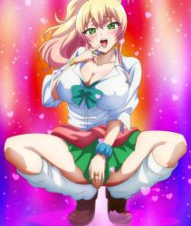 Rule 34 | 1girl, blonde hair, breasts, cleavage, erect nipples, finger to mouth, green eyes, gyaru, hajimete no gal, highres, large breasts, long hair, looking at viewer, naughty face, open mouth, ponytail, school uniform, skirt, solo, tied hair, tongue, tongue out, yame yukana