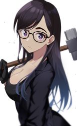 Rule 34 | 1girl, black gloves, black hair, black jacket, breasts, bright pupils, cleavage, closed mouth, collarbone, from side, gloves, highres, holding, holding weapon, jacket, large breasts, long hair, long sleeves, looking at viewer, looking to the side, minakata hizuru, mole, mole under mouth, open clothes, open jacket, profnote, purple eyes, simple background, solo, summertime render, swept bangs, upper body, weapon, white background