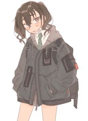 Rule 34 | 1girl, backpack, bag, black jacket, blue eyes, brown eyes, brown hair, collared shirt, cowboy shot, green necktie, hair between eyes, hamuchosu, hands in pockets, highres, idolmaster, idolmaster cinderella girls, jacket, long sleeves, looking at viewer, mask, mask pull, mole, mole under eye, mouth mask, necktie, open mouth, shirt, short hair, simple background, solo, sunazuka akira, surgical mask, twintails, white background, white shirt