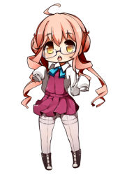 Rule 34 | 10s, 1girl, ahoge, bad id, bad pixiv id, blush, chibi, glasses, kantai collection, kinakomoti, long hair, looking at viewer, makigumo (kancolle), open mouth, pantyhose, personification, pink hair, school uniform, simple background, skirt, sleeves past wrists, solo, thighband pantyhose, twintails, white background, yellow eyes
