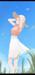 Rule 34 | 1girl, absurdres, armpit peek, arms up, blurry, blurry foreground, blush, breasts, depth of field, feet out of frame, hat, highres, idolmaster, idolmaster shiny colors, letterboxed, looking at viewer, masshiromilktea11014, medium breasts, outdoors, pink shirt, sakuragi mano, shirt, shirt tucked in, short sleeves, sideways glance, simple bird, skirt, smile, solo, standing, straw hat, white skirt