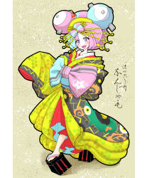 Rule 34 | 1girl, blue hair, comb, commentary request, creatures (company), full body, game freak, grey background, hair ornament, hair stick, highres, iono (pokemon), japanese clothes, kimono, looking at viewer, multicolored clothes, multicolored hair, multicolored kimono, nero nerol i29, nihongami, nintendo, oiran, okobo, open mouth, pillarboxed, pink hair, platform clogs, poke ball hair ornament, pokemon, pokemon sv, purple eyes, sandals, sharp teeth, smile, solo, teeth, toes, translation request, two-tone hair